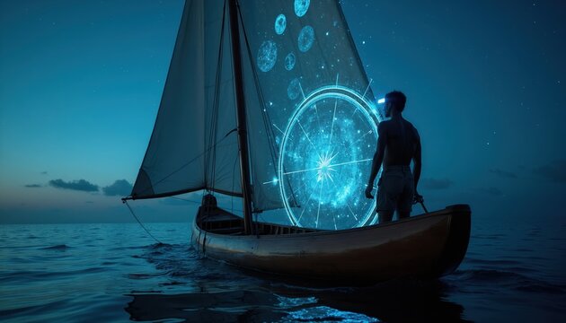 Man navigates traditional canoe at twilight using futuristic star hologram technology. Digital compass guides voyager across dark blue ocean. Ancient culture meets modern innovation at sea.