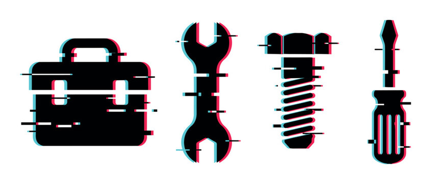 Toolbox, wrench, bolt, and screwdriver icons with a modern digital glitch effect representing repair and technical issues.