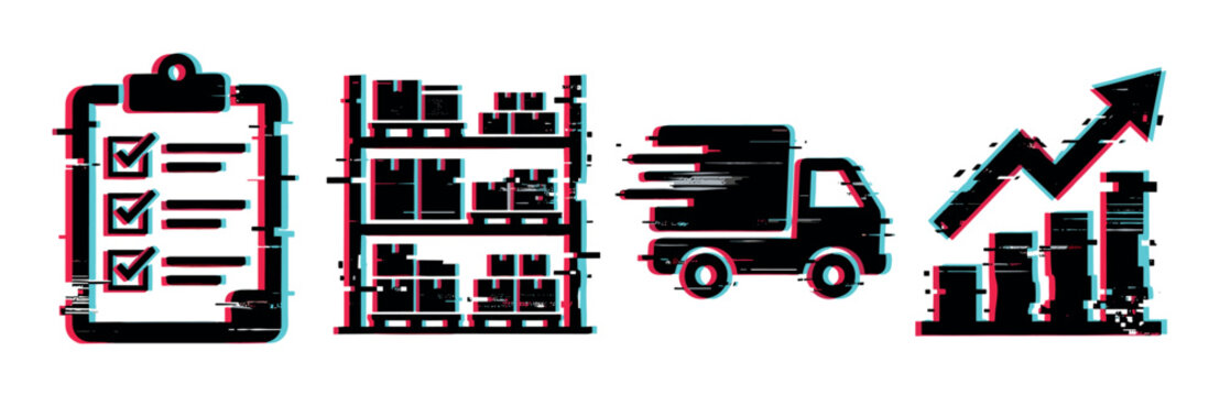 Logistics icons representing supply chain management, inventory control, delivery services, and business growth with a modern digital glitch effect.