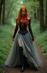 Naklejka premium Redhead woman in gothic dress walks forest path. Full body shot of fantasy female in torn gown and leather boots. Mystical woodland journey on dirt road.