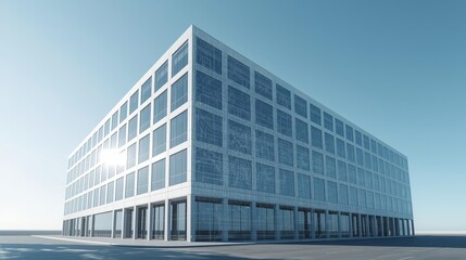 Fototapeta premium Modern glass office building with transparent digital twin wireframe data overlay. Smart building and IoT infrastructure concept for technology, real estate, and construction brand visuals 2026.