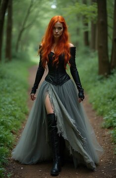 Redhead woman in gothic dress walks forest path. Full body shot of fantasy female in torn gown and leather boots. Mystical woodland journey on dirt road.