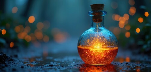 Naklejka premium Glass bottle holds glowing orange liquid with sparkling particles. A mysterious amber fluid sits within an ornate vial. This magical concoction seems alive and ready for use.