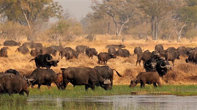 large herd of african buffalo wade through water eating reed 284