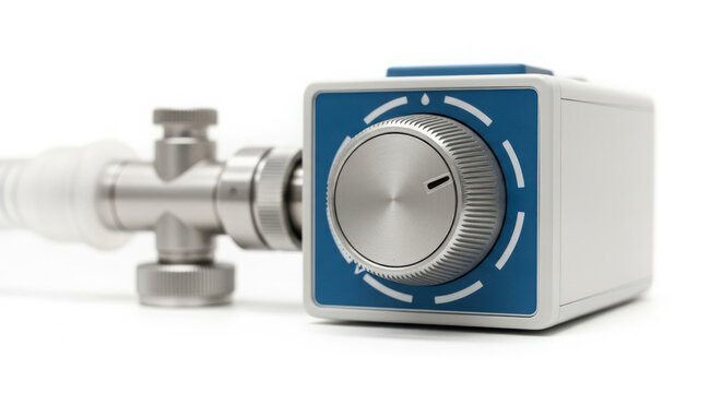 Macro view of a high precision control knob and valve on a medical fluid management system with industrial connectors.