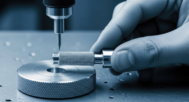 Precision measurement of a knurled metal cylinder using a digital caliper and gauge block on a machine table