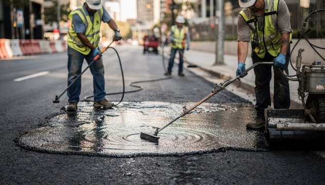 Medium shot of workers applying lowPAH coal tar alternative binder on a freshly laid urban pavement highlighting ecofriendly and safer road construction practices.