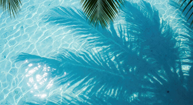 Palm frond shadows casting on bright blue swimming pool water with sun reflections