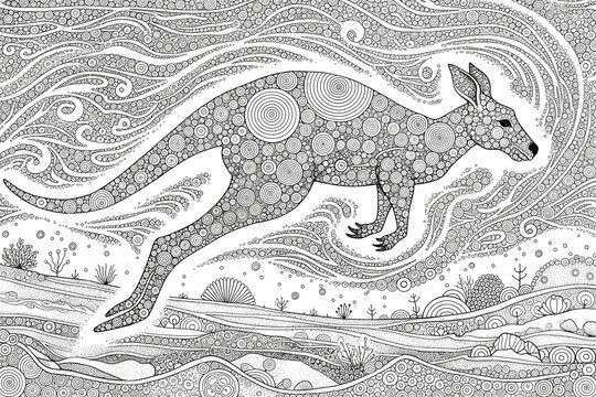 Intricate Kangaroo Leaping Line Art Australian Outback Illustration