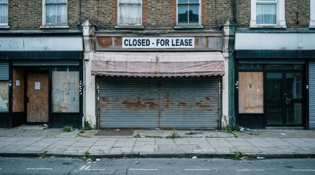 Closed storefronts with 'for lease' sign on a deserted urban street, reflecting economic downturn and business failure.