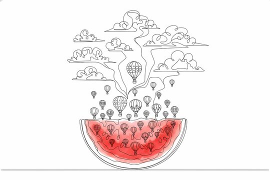Whimsical Watermelon Hot Air Balloons Surreal Line Art on White Background