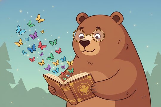 Magical Bear Reading Enchanted Storybook with Flying Butterflies