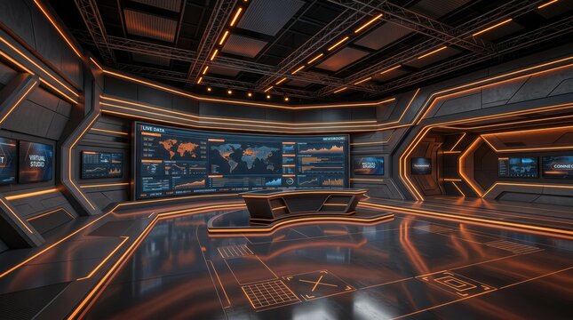 Modern virtual studio interior with a large curved screen displaying live data and news, featuring sleek design and glowing orange accents.