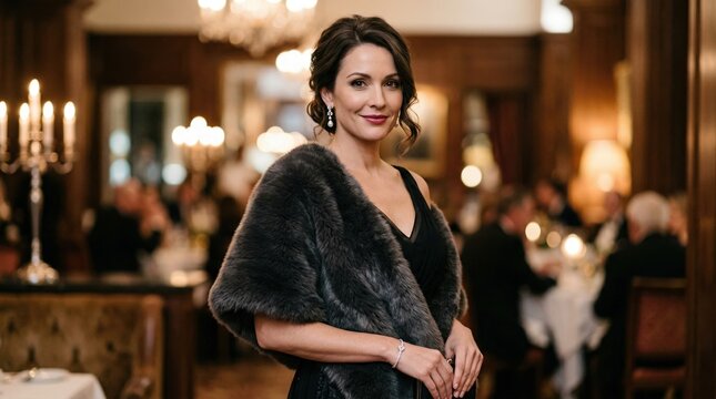 Sophisticated fauxfur stole draped gracefully on a model focused sharply with a softly diffused indoor setting perfect for complementing evening wear.
