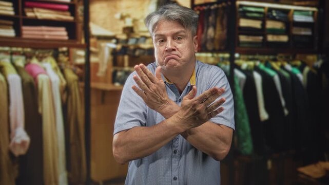 Man crossing hands into an x gesture showing palms among hanging jackets in a retail clothing store building; firm refusal.