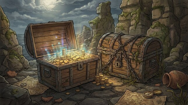 Two antique wooden treasure chests filled with glowing gold coins sit on a rocky coastal landscape under a cloudy moonlit sky, surrounded by old maps and a compass.