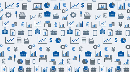 Obraz premium Seamless pattern of blue business and analytics icons.