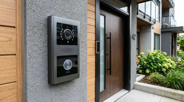 Modern video intercom system with camera and call button mounted on a textured wall next to a contemporary building entrance.