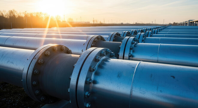 Rows of large industrial pipes with flanges against a sunset sky close-up view