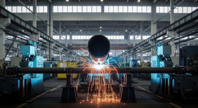 Heavy duty industrial pipe welding in a large manufacturing factory with sparks flying close-up