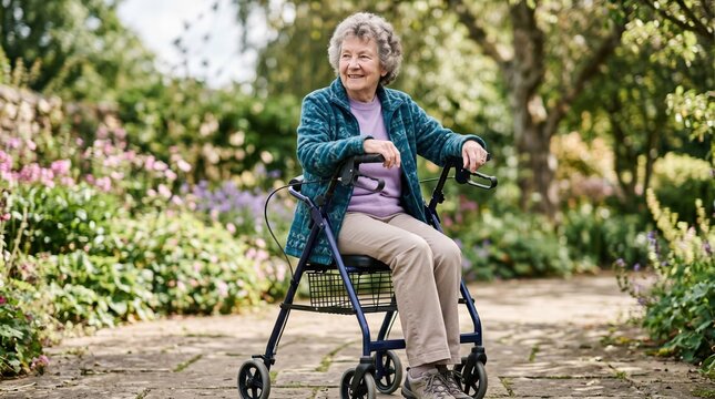 Close medium shot of a customer seated comfortably on a rollator with a builtin seat highlighted clearly with a gentle blur of a garden setting behind.