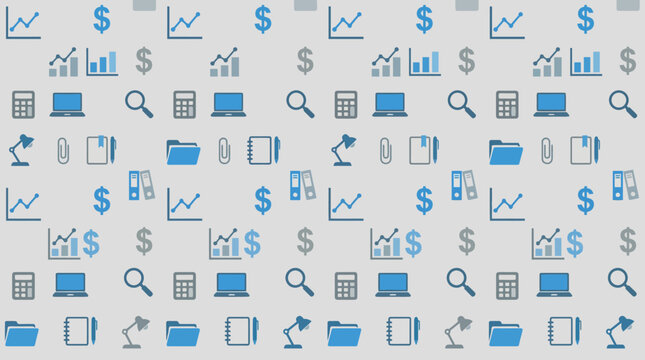 Seamless blue business icons pattern with finance and analytics symbols.