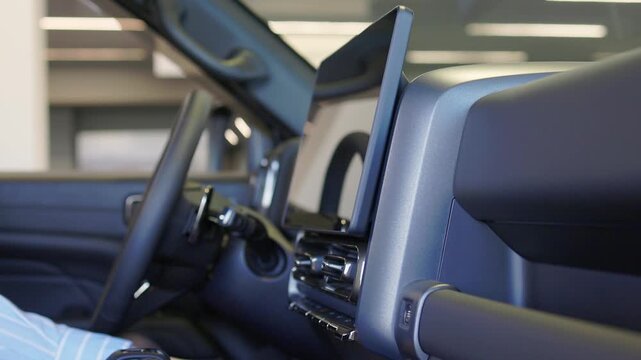 Touch interface controls vehicle features. Driver uses touchscreen to manage car functions. Driver taps icons on dashboard touchscreen for media and climate adjustments