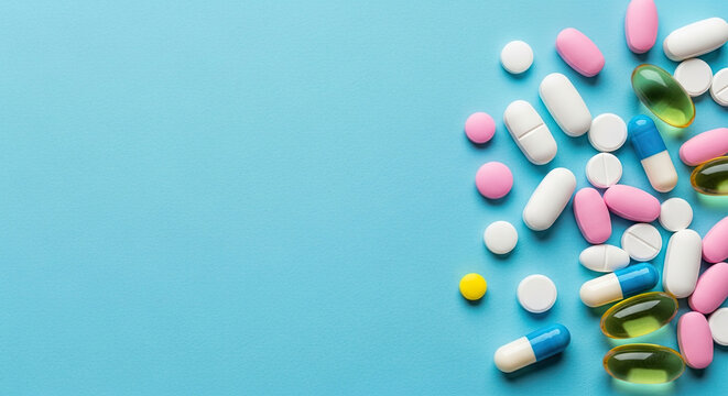 Assorted colorful pharmaceutical pills and capsules scattered on a vibrant blue background top view