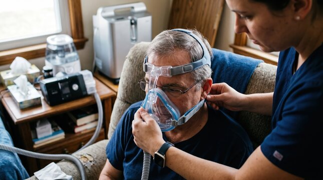 Medium shot showing a fullface BiPAP mask being secured on a user with surrounding equipment slightly out of focus to emphasize personalized respiratory support rental