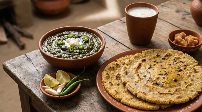 Traditional Indian meal featuring Sarson ka Saag, Makki ki Roti, Lassi, and Jaggery served on a rustic wooden table.