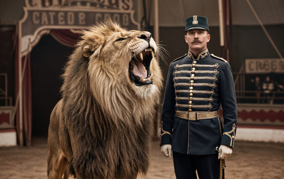 Caucasian lion tamer in vintage uniform standing next to a roaring lion (Panthera leo) in a circus, brave and calm man