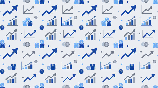 Seamless pattern of blue business analytics and growth icons on white background.