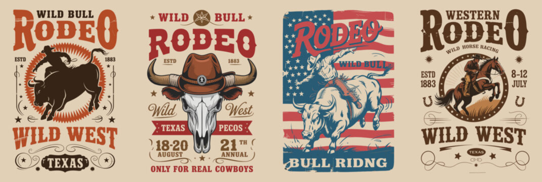 Set of vintage wild west rodeo labels, badges, emblems, logos, prints.