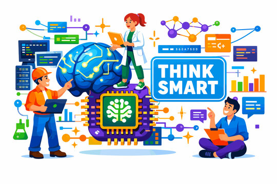 Artificial Intelligence Minds futuristic ai innovation banner with two engineers and one analyst interacting with an oversized robot brain and giant neural