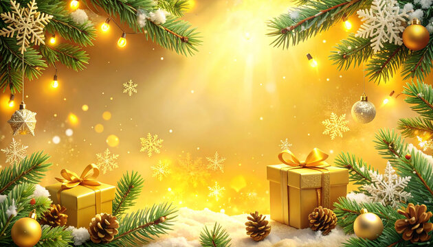 Christmas golden background with festive decorations and gift boxes