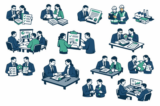 Compliance Governance Control Collection of digital illustrations showing compliance officers, managers, and legal teams in small readable corporate scenes