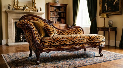 Fototapeta premium Luxurious chaise lounge with elegant tiger print upholstery in a classic, opulent living room interior with antique furniture and decor.