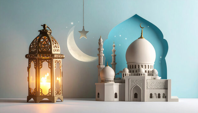 Ramadan kareem featuring mosque, lantern, crescent moon with stars