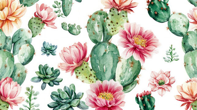Watercolor cactus and succulent colorful floral pattern