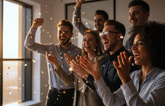 Multi-ethnic group of colleagues celebrating with confetti in the office, happy young professionals applauding, success