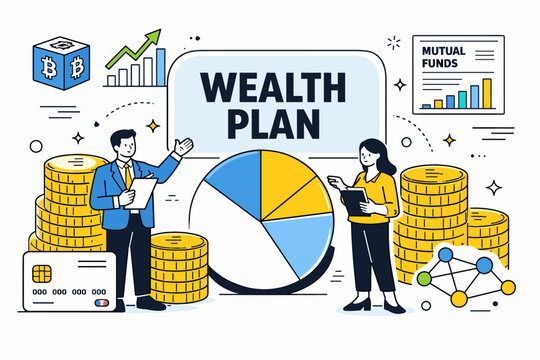 Investment Wealth Strategy. Investment strategy, wealth management, asset allocation, crypto planning, mutual funds, stock exchange, diversification.