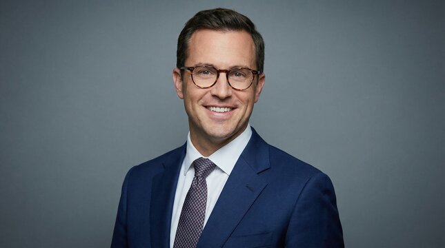 Smiling professional man in blue suit and glasses looking confidently at the camera against a plain gray background.