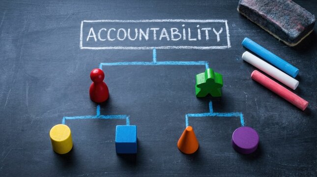 Accountability diagram on chalkboard with colorful wooden game pieces illustrating hierarchical structure and responsibility in an organization.