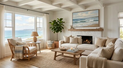 Fototapeta premium Bright and inviting coastal living room interior with a large window offering a stunning ocean view, featuring comfortable furniture and natural decor.