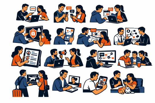 Diverse group of people collaborating and using technology for communication and work