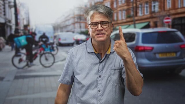 Man points finger while holding creditcard on street in front of storefronts amid cyclists and cars; confidence reminder.