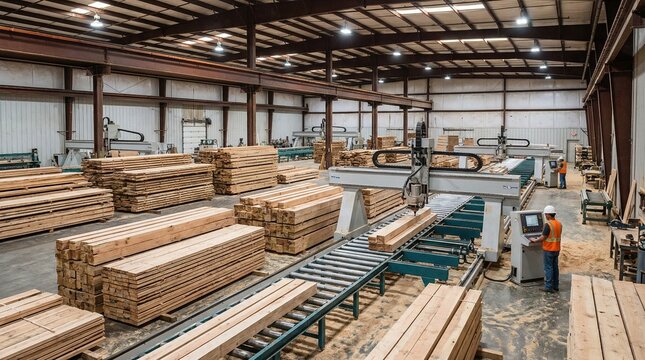 Lumber processing factory interior with automated machinery and workers manufacturing wood planks and timber for the construction industry.