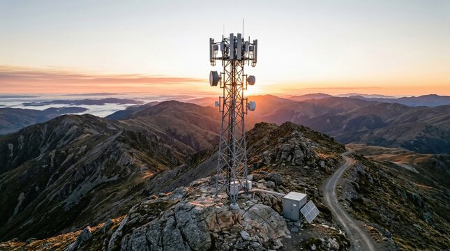 Cell tower standing tall on a rugged mountain peak at sunrise, providing essential connectivity across the vast, remote landscape.