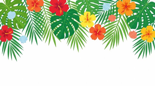 Tropical hibiscus flowers and palm leaves border