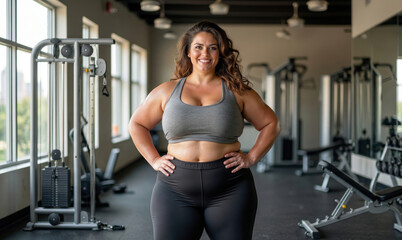 Fototapeta premium Smiling plus-size Caucasian woman in sportswear at the gym, body positivity and health concept